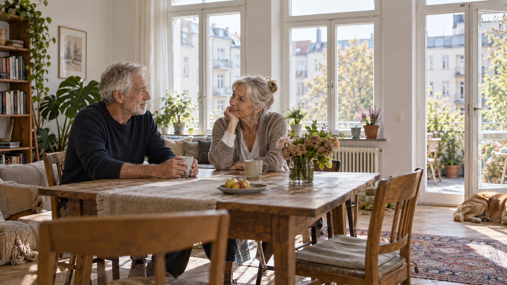 Älteres Paar in einer hellen Berliner Altbauwohnung